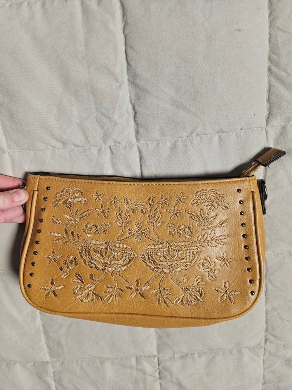 Anna Rosa Tan Embroidered Floral Shoulder Bag Stud Detail